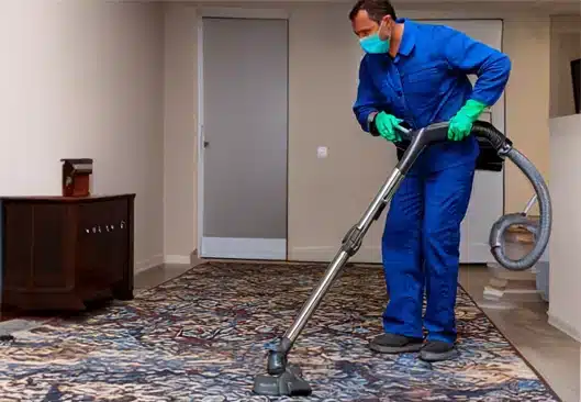 A cleaning technician in full uniform and a face mask using a vacuum cleaner on a residential upholstery