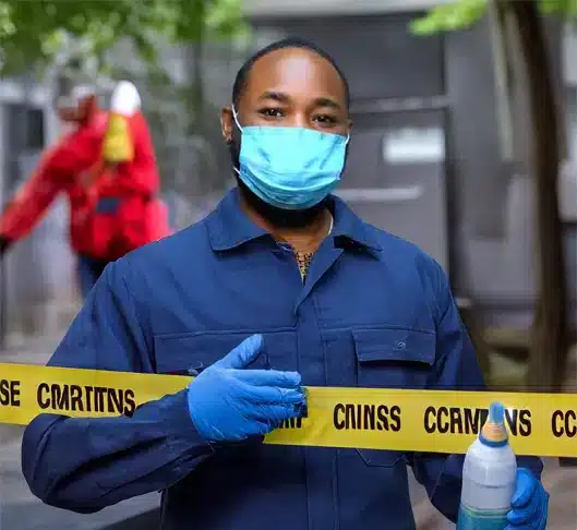 A man in a uniform and mask standing right behind a yellow restricted area tape