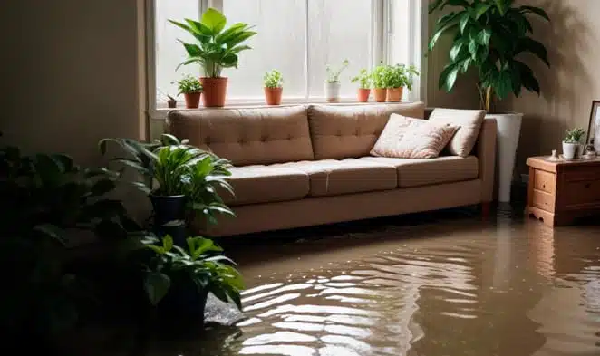 Living room flooded by water