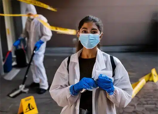 A woman in a white uniform in a restricted area with a uniformed man using a vacuum cleaner in the background