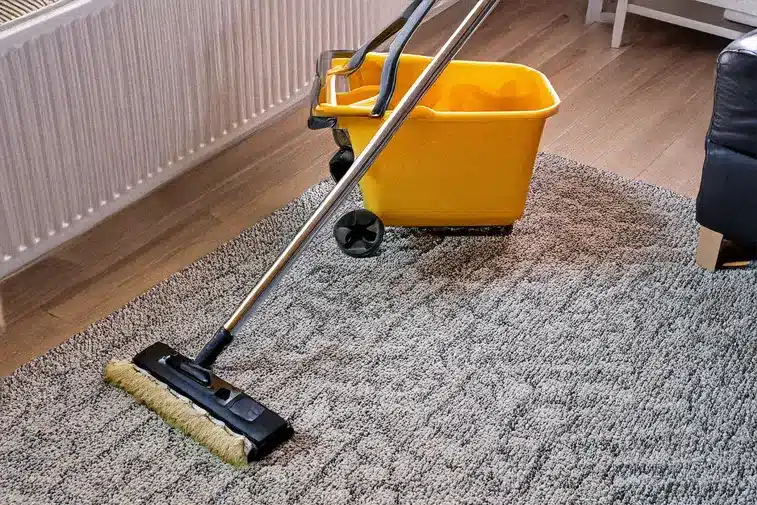 Cleaning supplies on a living room rug.