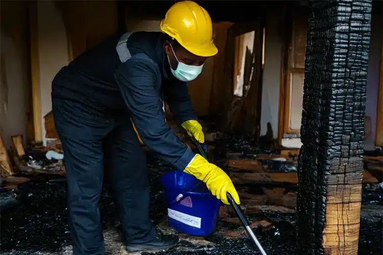 Industrial cleaning worker using a vacuum cleaner in a fire-damaged commercial area