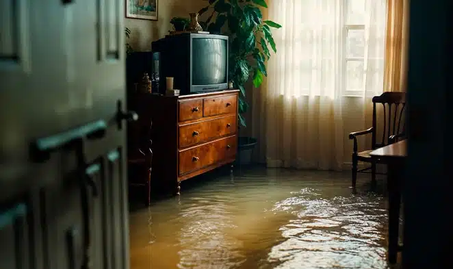 a room flooded by water, you can see a tv as the main object