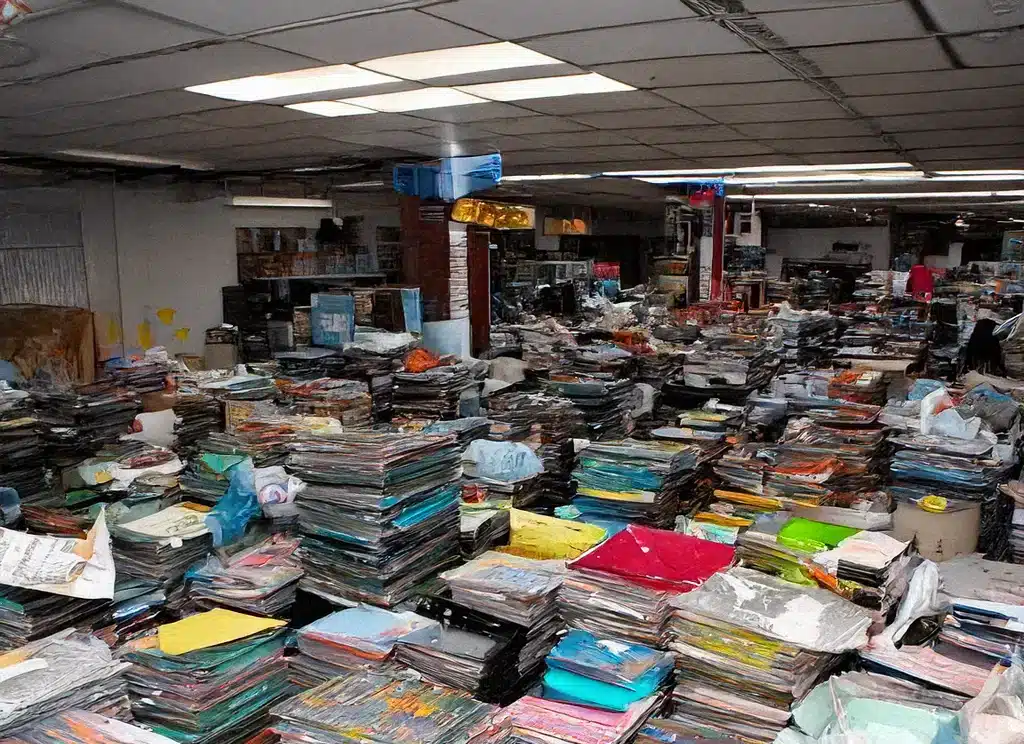 A clothing store filled to the brim with plastic bags containing outdated items, indicating a hoarding problem