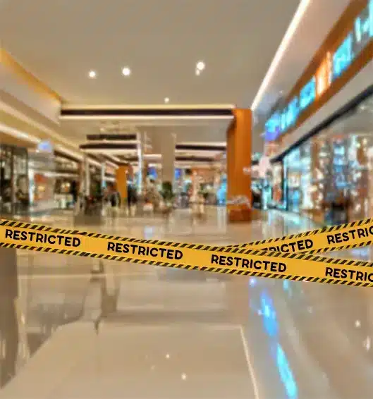 Yellow caution tape marking a restricted area in a mall hallway