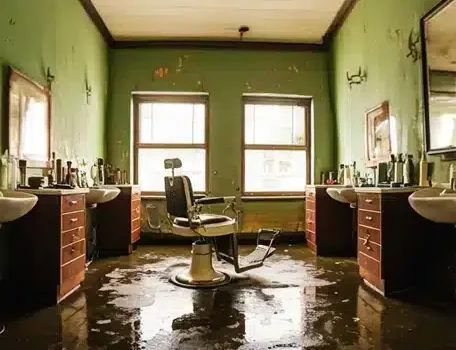 A barbershop with a chair in the center and damp floors and walls.